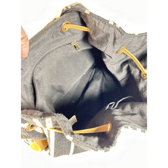 World Market Boho Backpack Purse Black White Stripe Fringe Wood Handle Woven - Picture 4 of 6